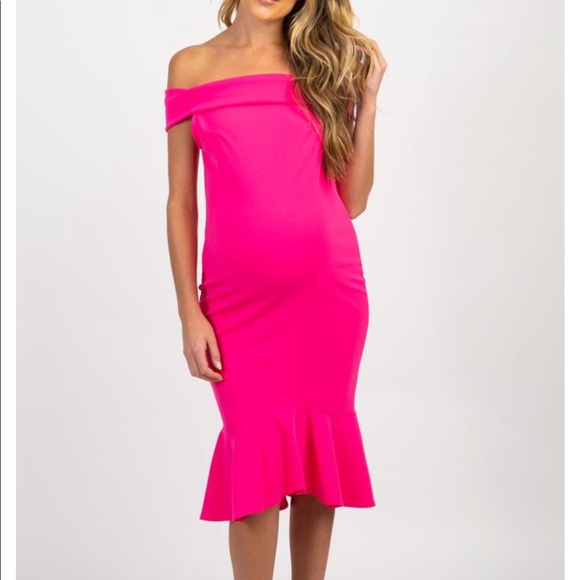 Pinkblush Dresses & Skirts - Pinkblush Fuchsia Pink Off Shoulder Maternity Ruffle Trim Mini Dress